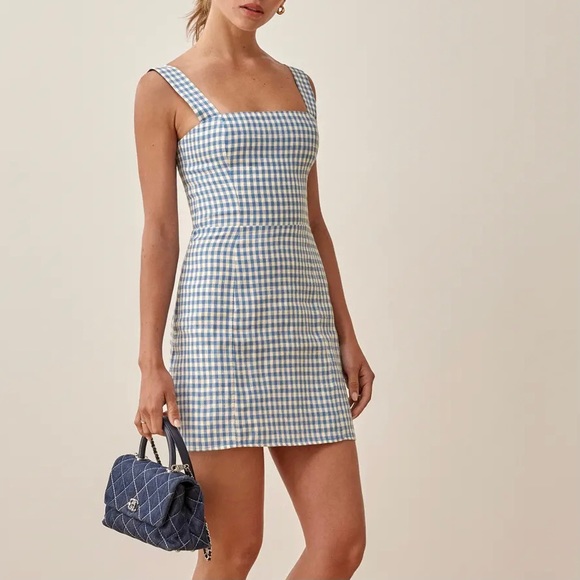 💎 Reformation Brigitte Linen Dress - Azure Check - Picture 5 of 9